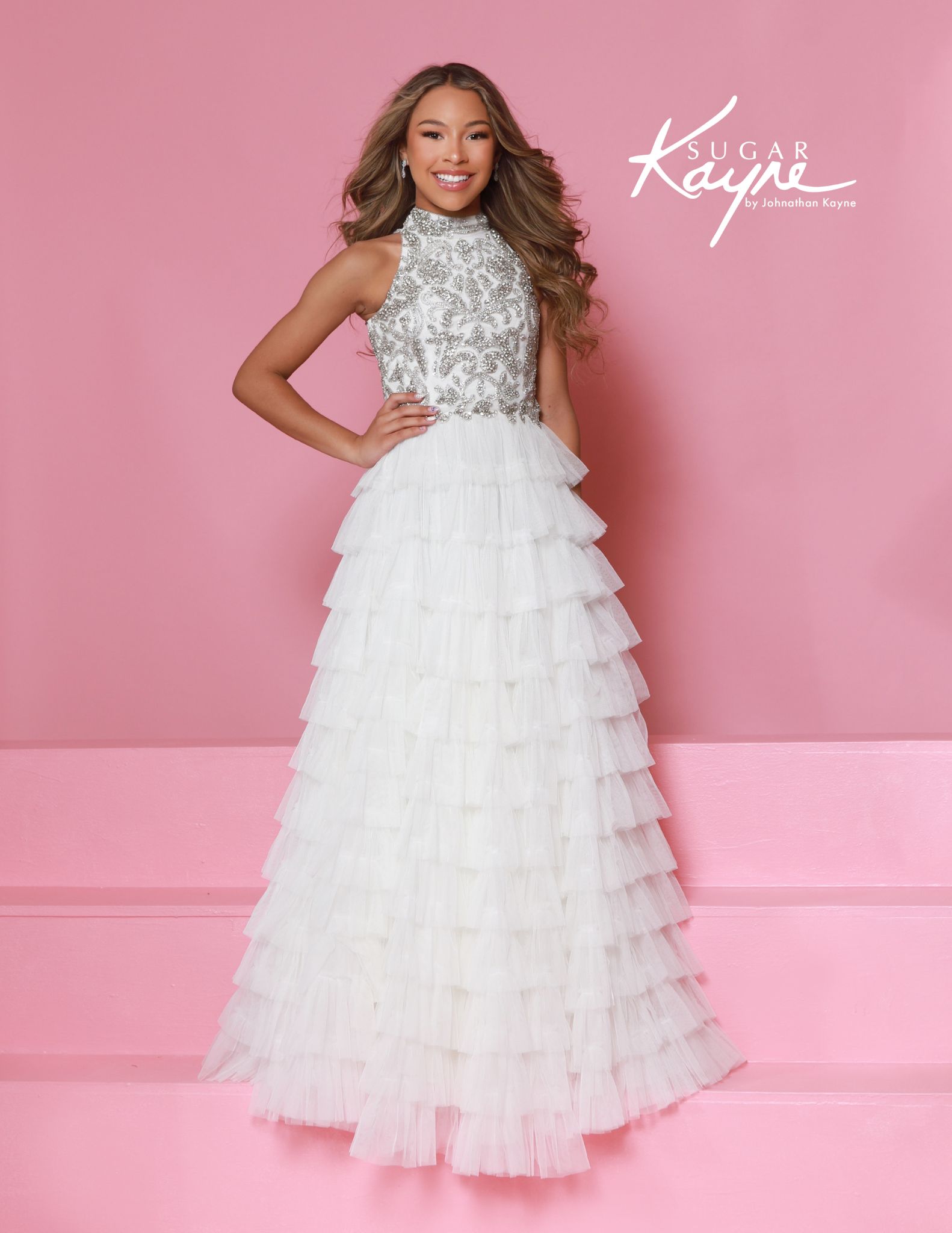 Childrens white high-neck beaded gown with layered tiered skirt, perfect for flower girls, little miss pageants, and first communion.